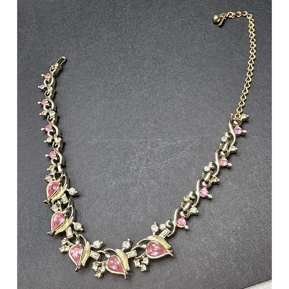 Vintage Signed Duane Choker Necklace Retro Pink And Clear Rhinestones